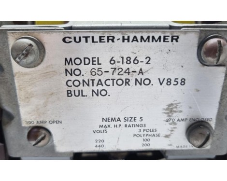 Cutler Hammer 6-186-2 Starter Contactor 65-724-A Contactor No. V858 NEMA SIZE 5