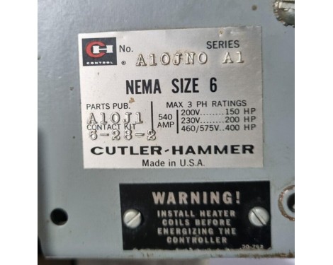 Cutler Hammer A10J1 Motor Starter NEMA SIZE 6 MAX 3 PH Rating 540 AMP A10JN0